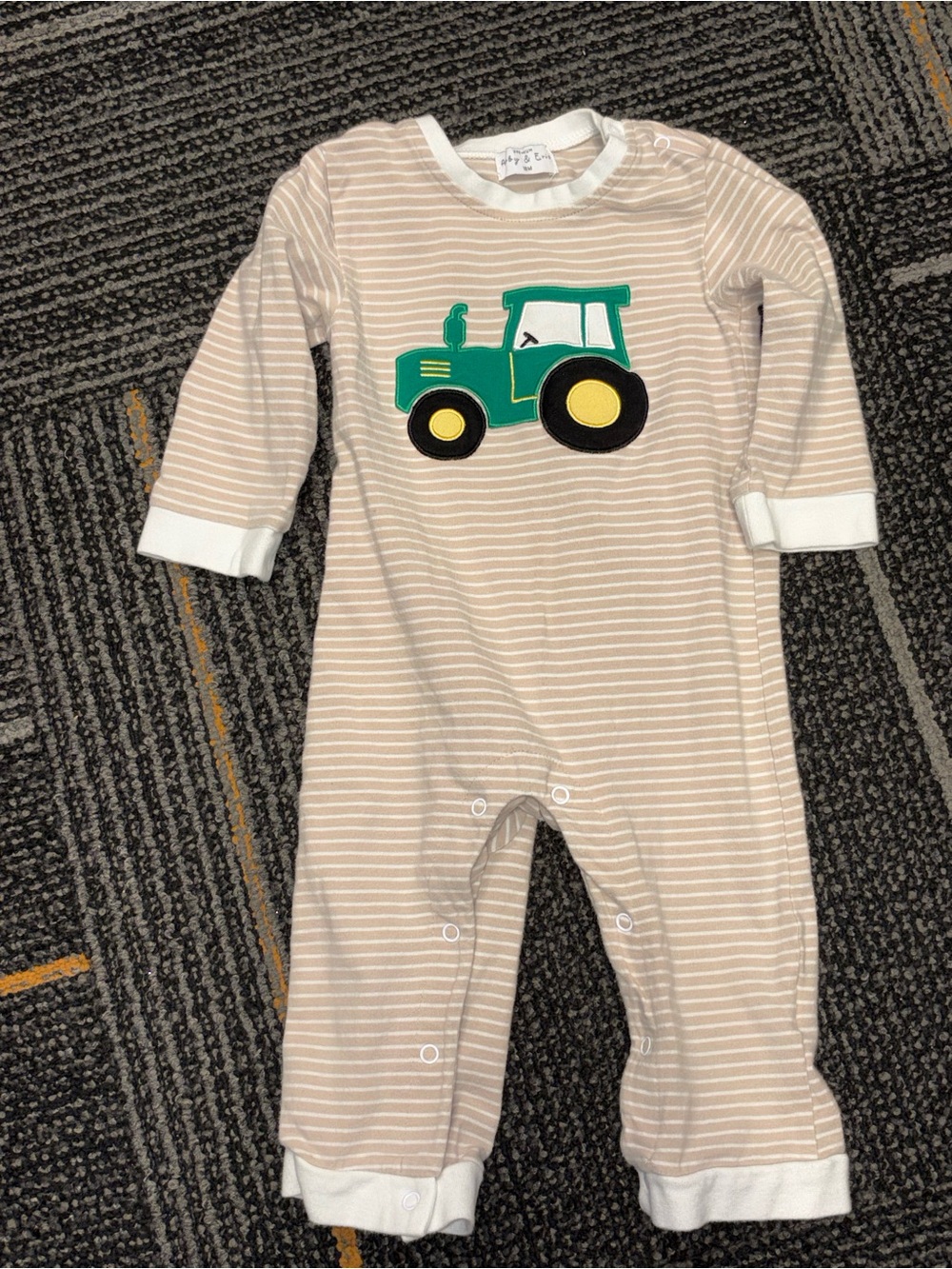 Beige Stripe One-Piece Footie with Green Tractor